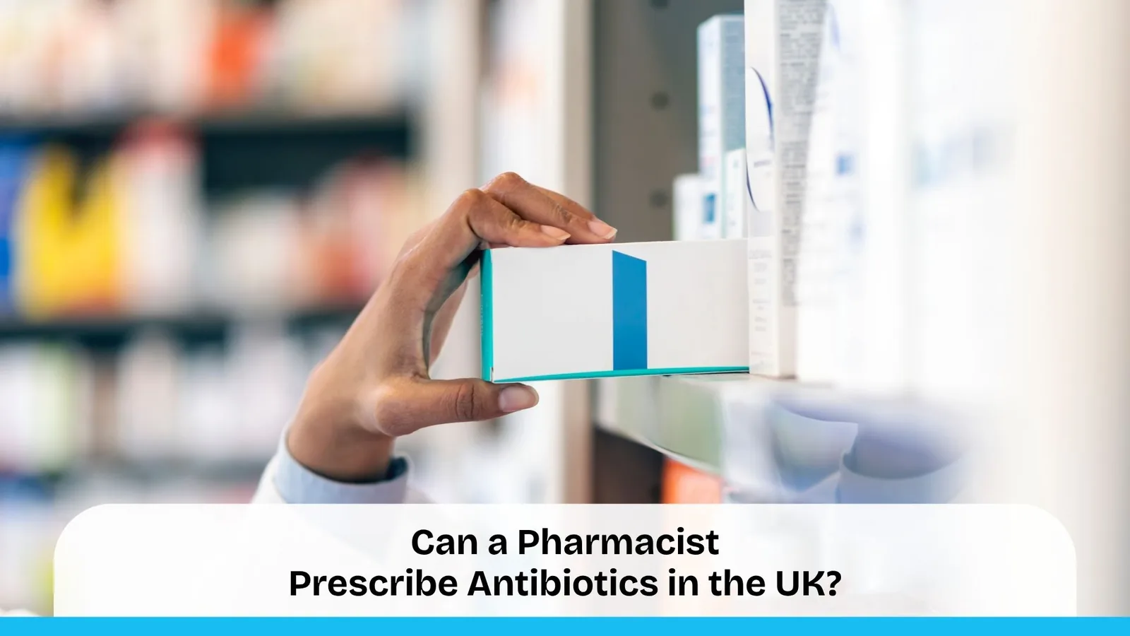 A close-up of a person's hand picking a medicine box off a shelf in a pharmacy