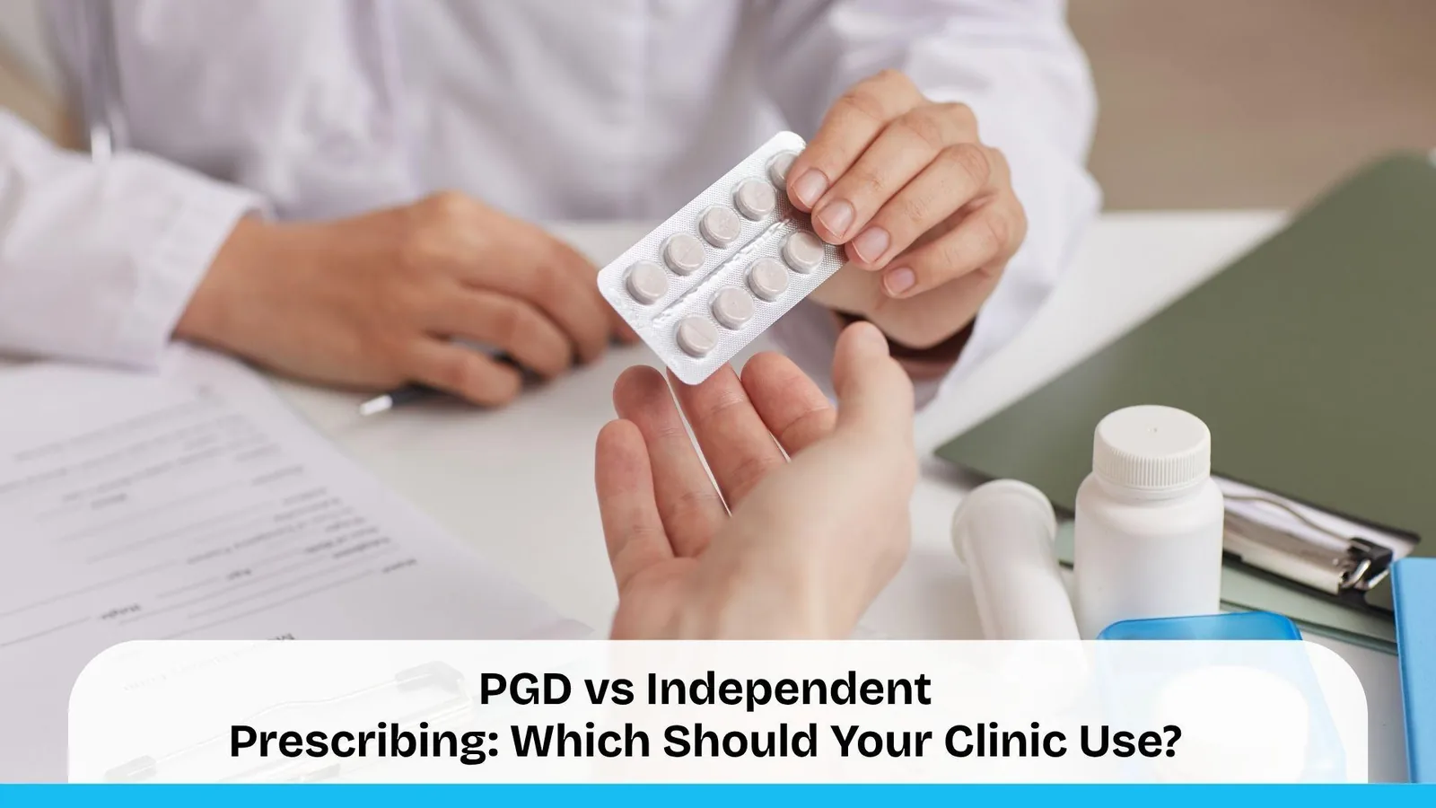 Healthcare professional providing medication to a patient in a clinical setting, illustrating the choice between PGDs and independent prescribing services.