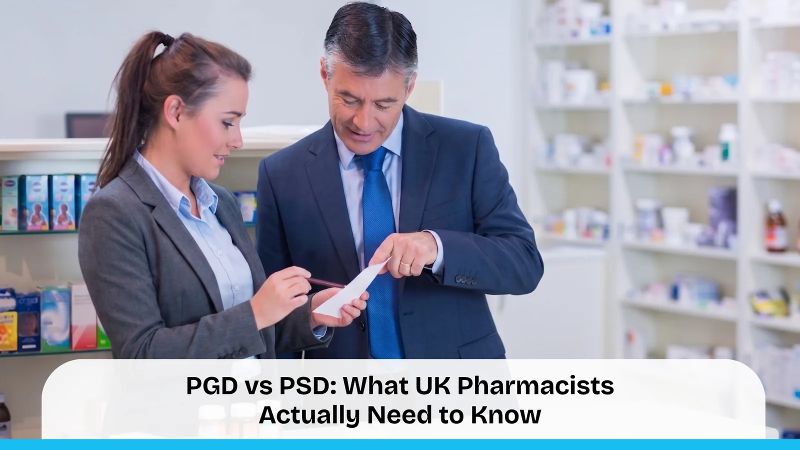 Professional consultation in a pharmacy setting discussing PGD vs PSD frameworks for UK pharmacists.