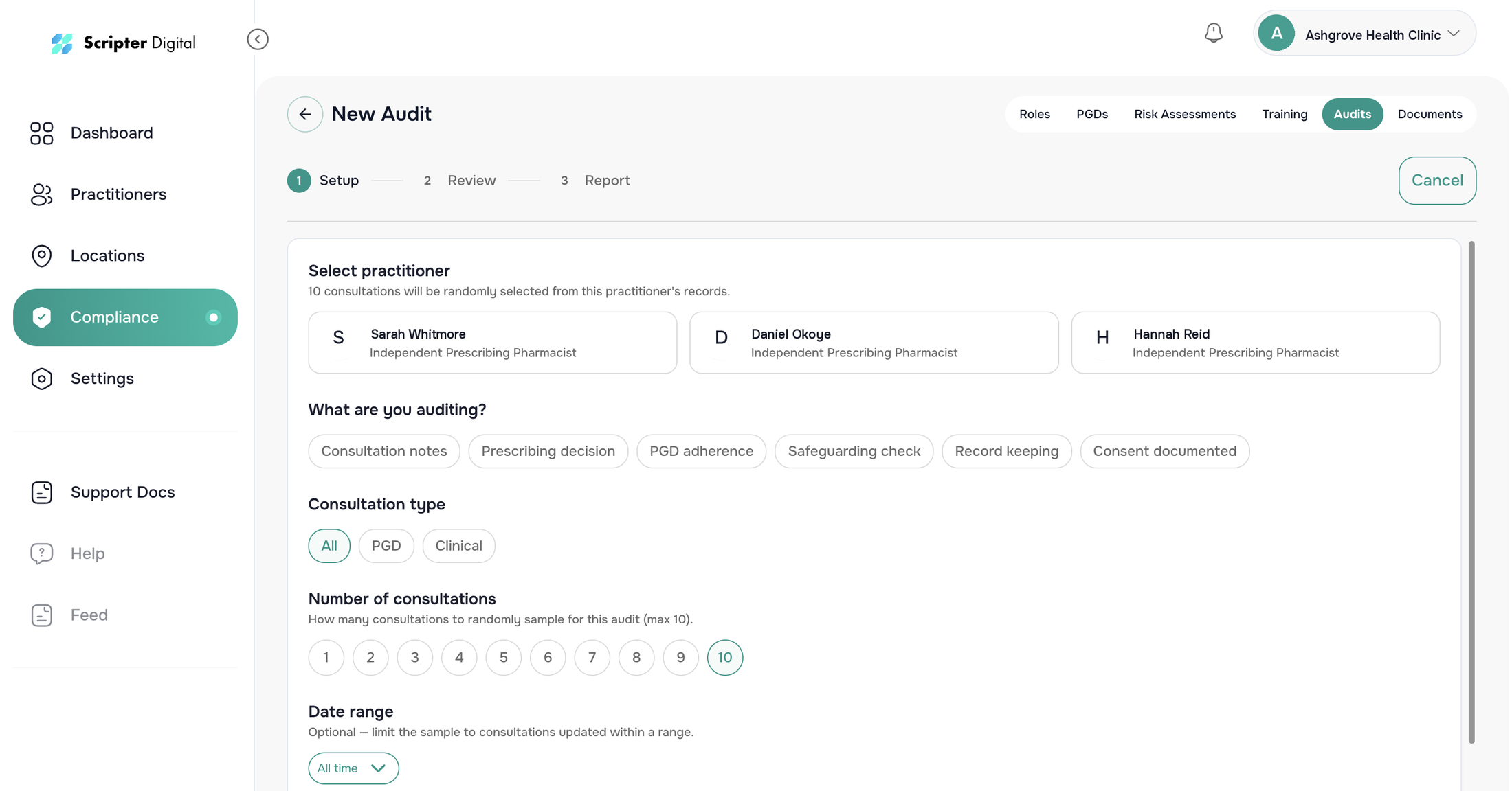 Setting up a clinical audit in the organisation portal: choose a practitioner, what to audit and how many consultations to sample