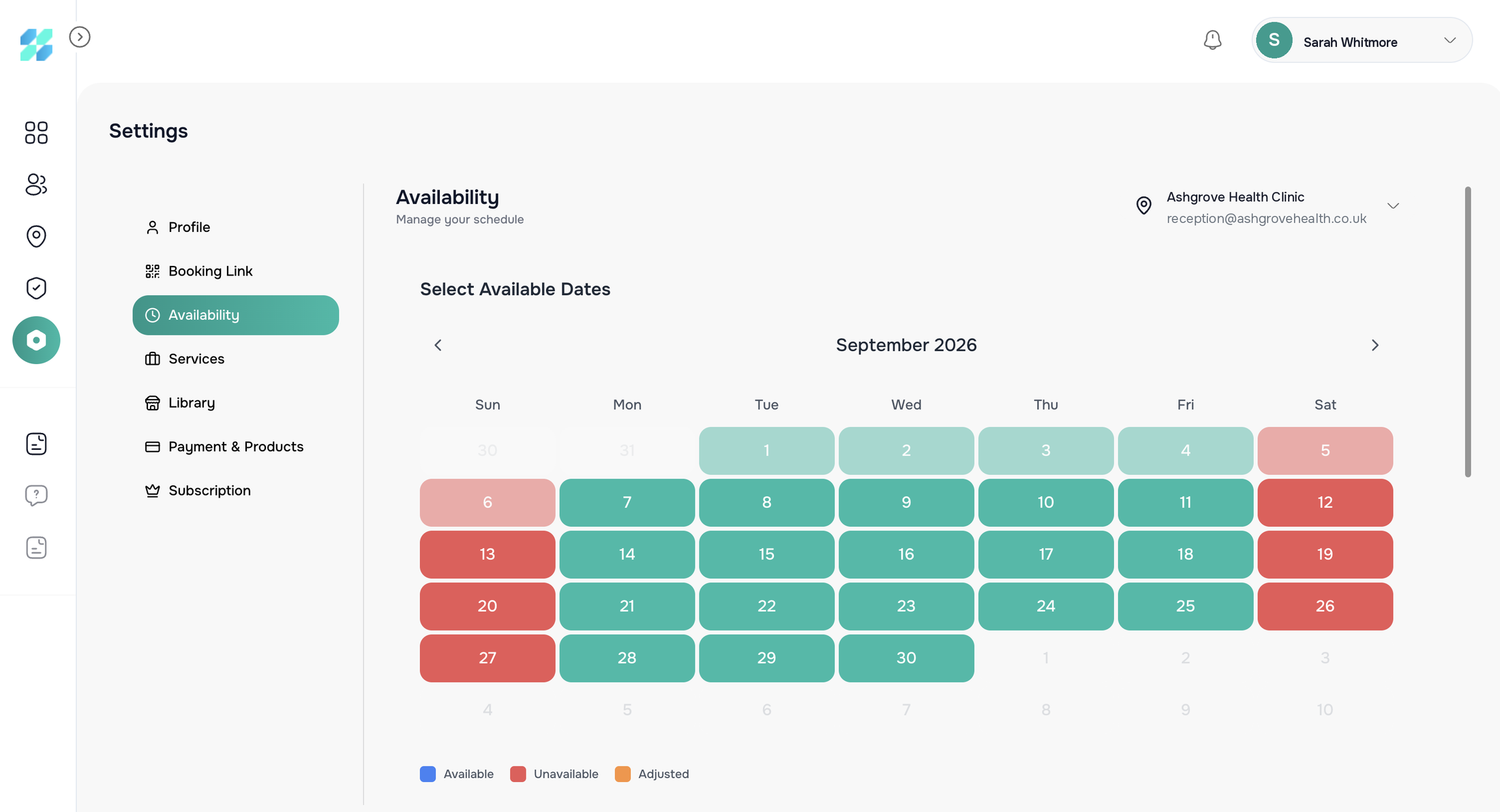 Practitioner availability calendar for Ashgrove Health Clinic, September 2026