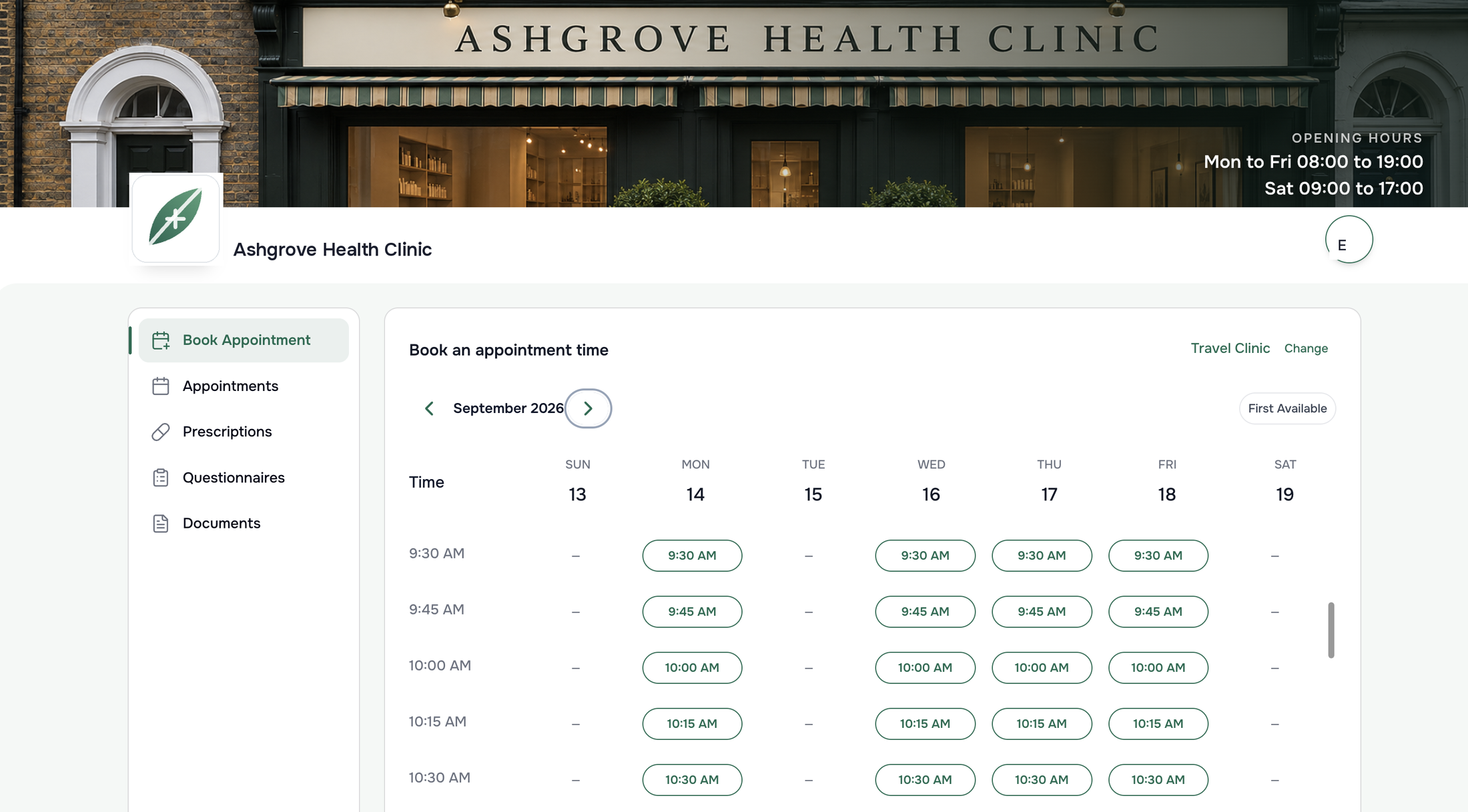 Ashgrove Health Clinic patient portal: choosing an appointment time for the Travel Clinic from the slots the clinic has made available