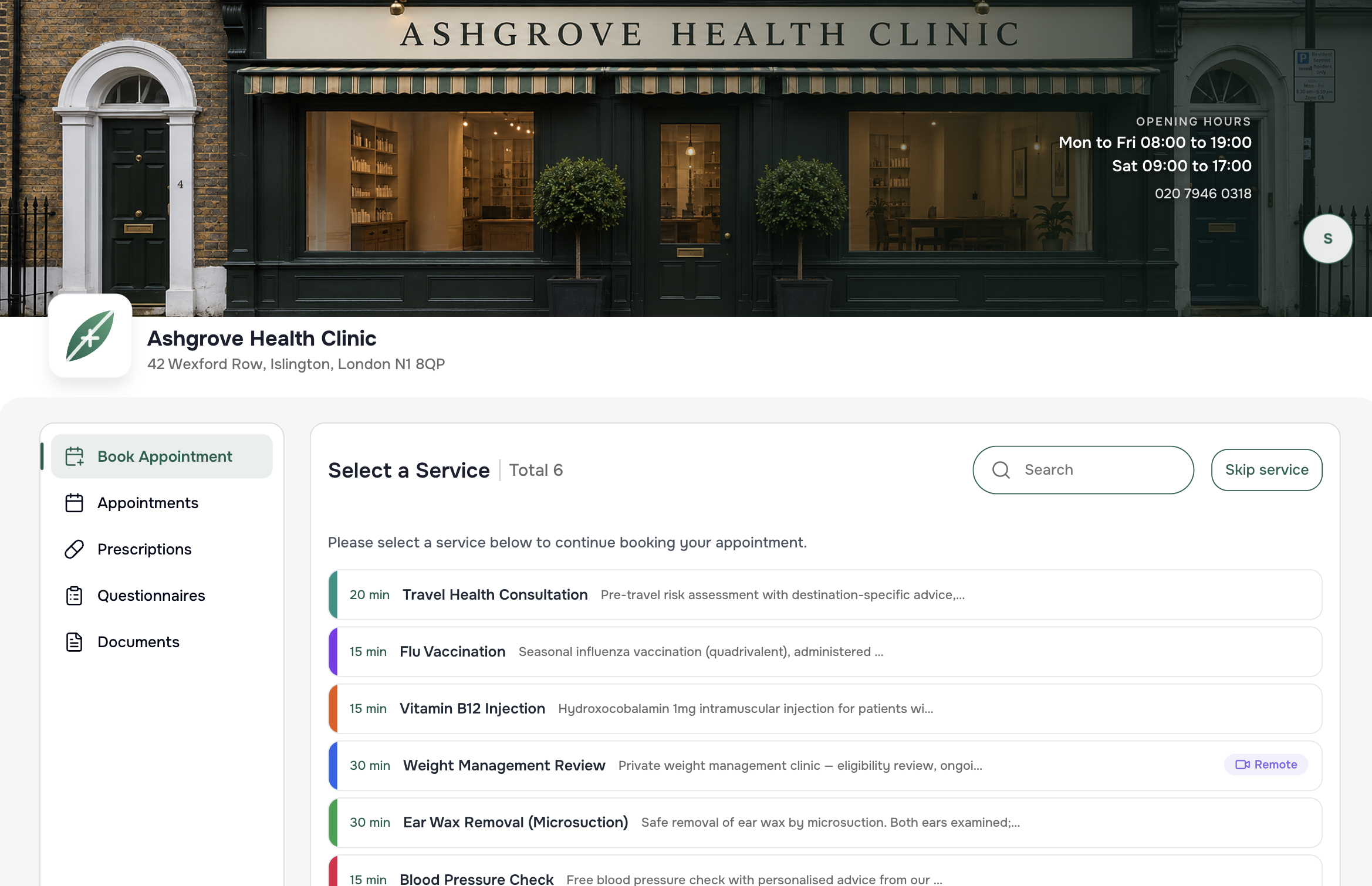 White-labelled patient portal for Ashgrove Health Clinic, booking a service