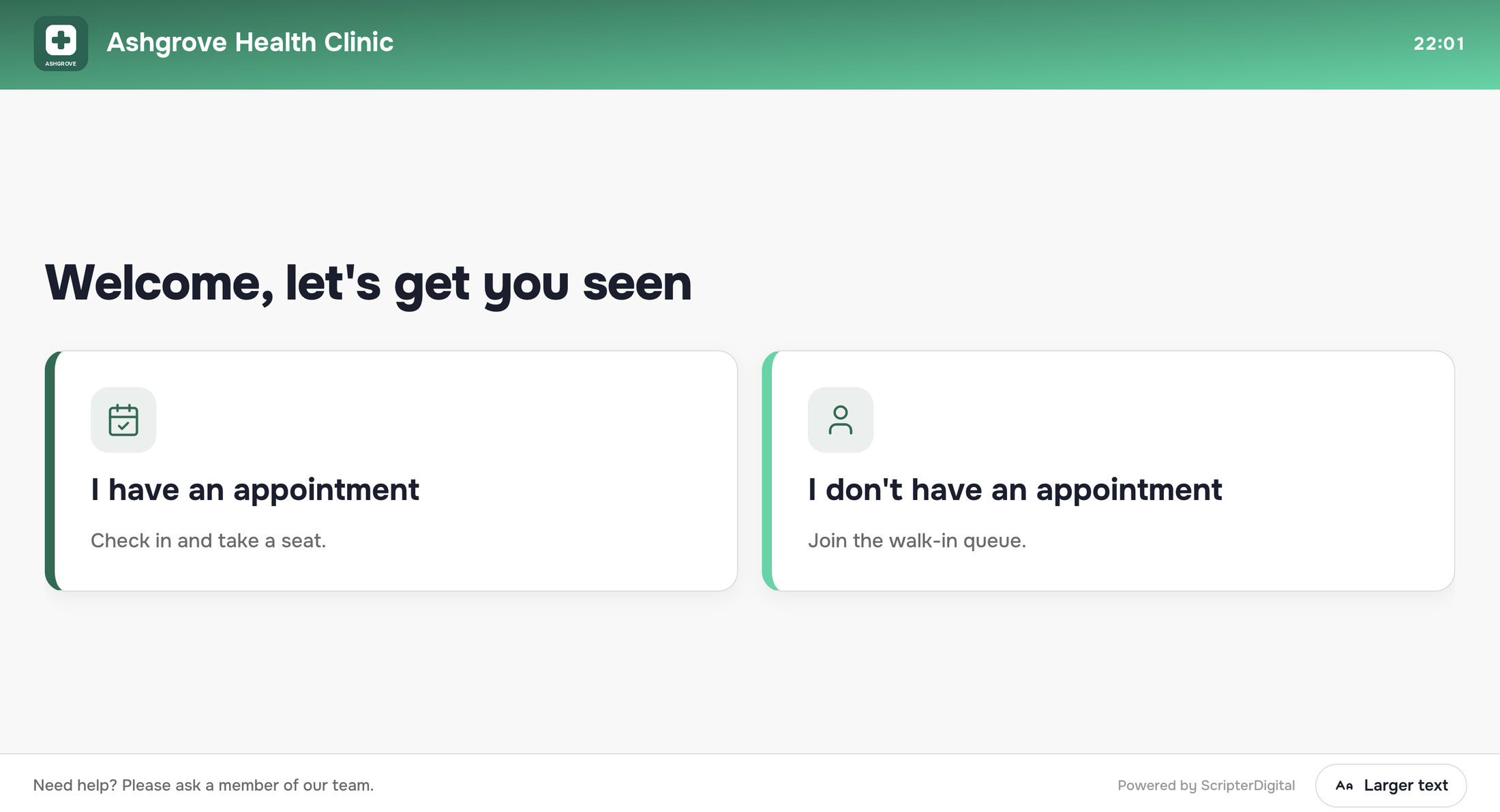 Concierge welcome screen at Ashgrove Health Clinic: I have an appointment, or I do not have an appointment