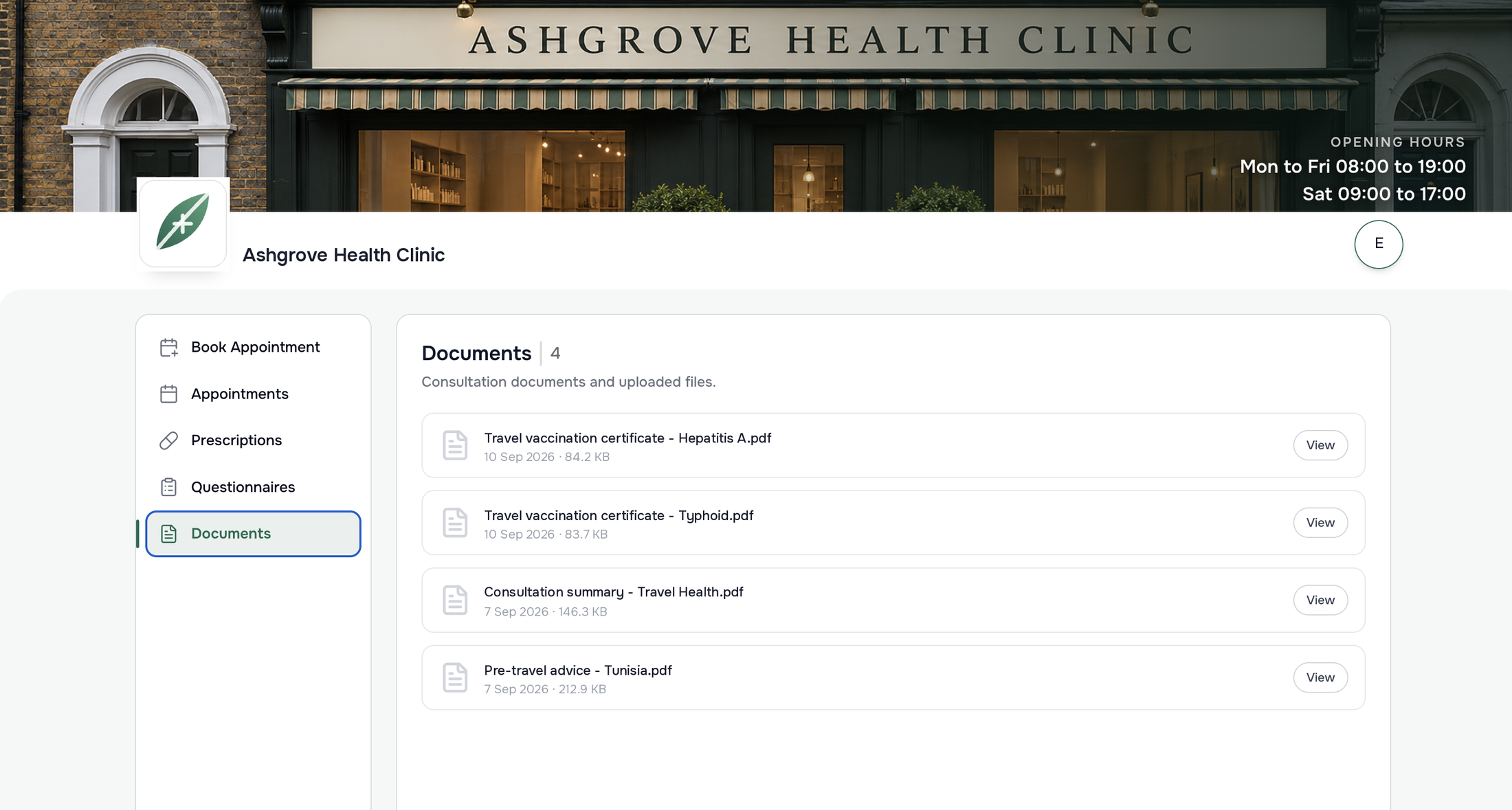 Document hub in the Ashgrove Health Clinic patient portal: vaccination certificates, a consultation summary and pre-travel advice