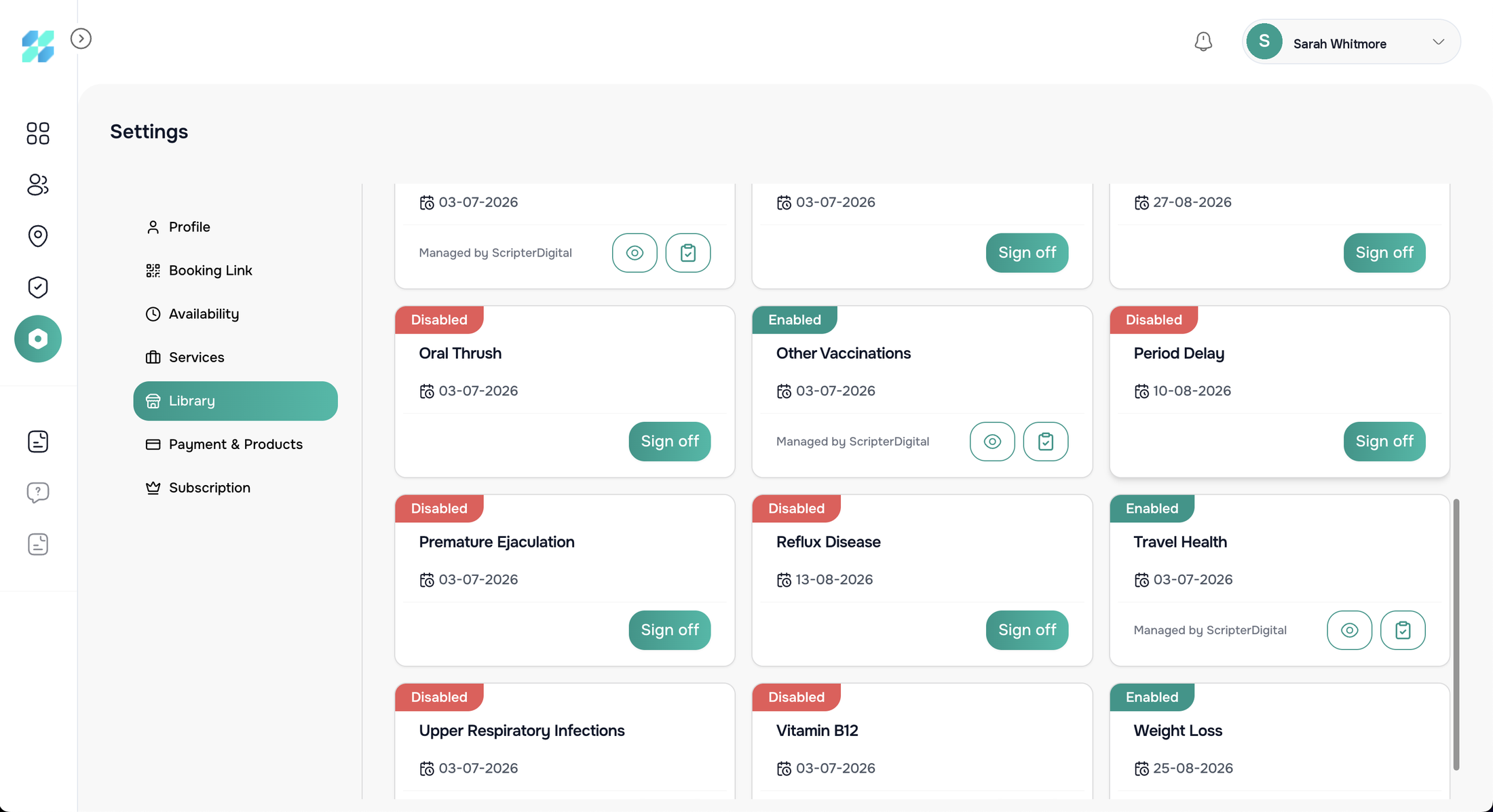 PGD library in the practitioner portal: services grouped by PGD, each enabled or disabled with its sign-off date