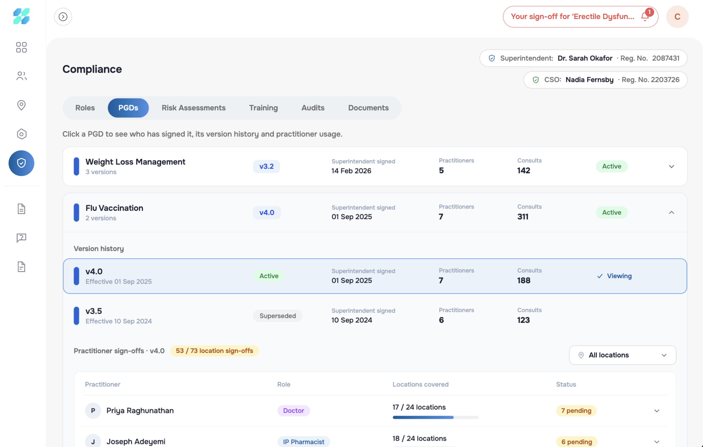 Scripter PGD compliance view with version history and sign-offs