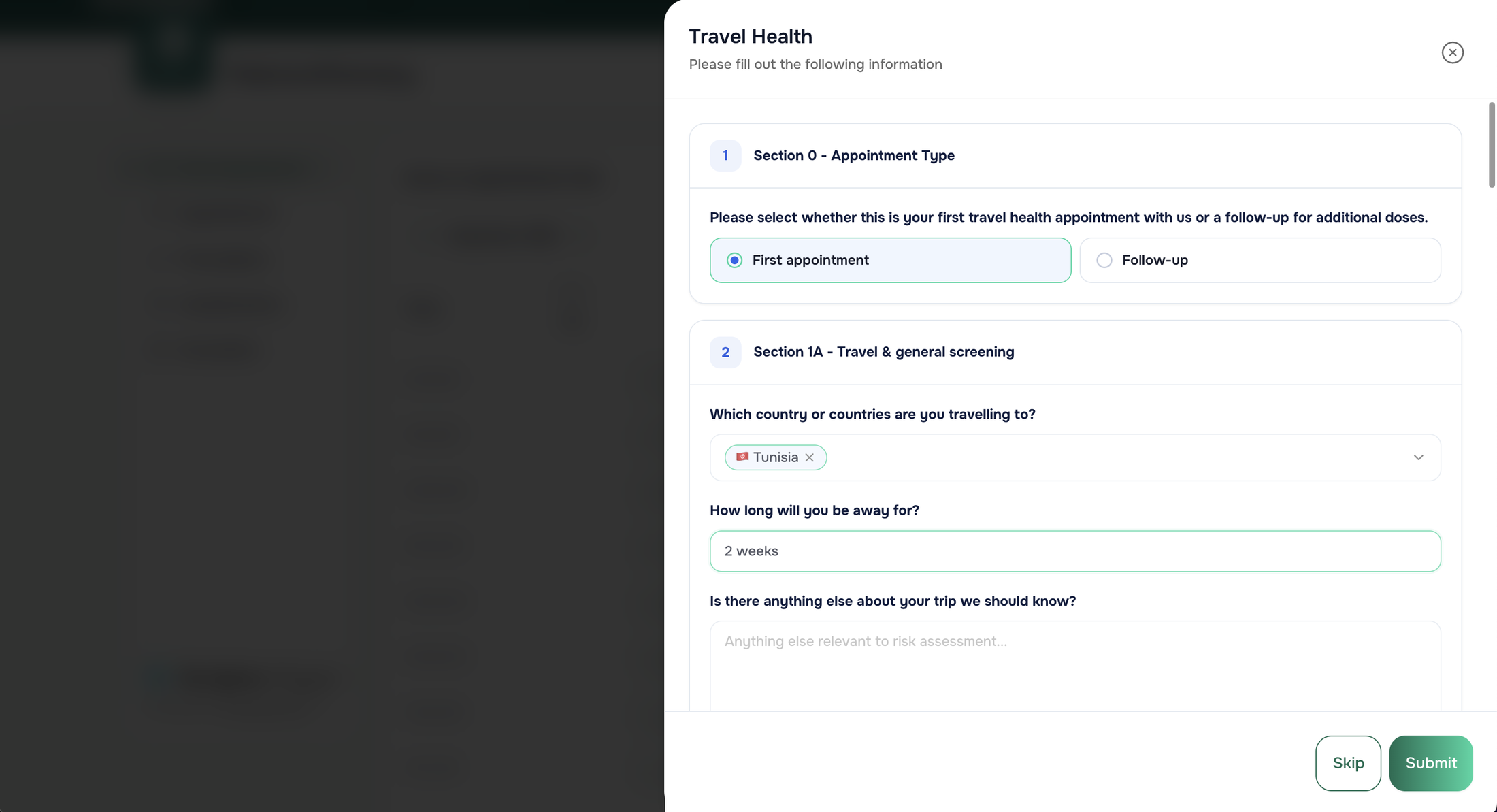 Travel Health pre-appointment questionnaire in the patient portal: appointment type, destination and trip length