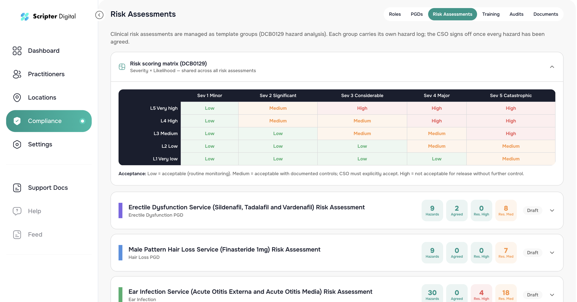 Risk assessments in the organisation portal, with the DCB0129 risk scoring matrix and per-service hazard logs